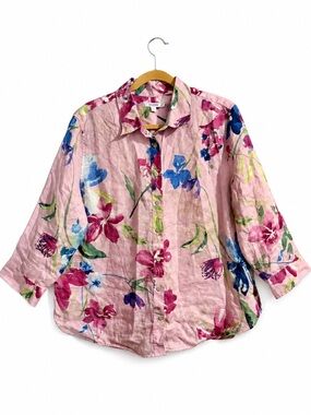 Chico's 100% Linen Pink Floral Collared Blouse Multicolor Blooms 3/4 Sleeves Top
